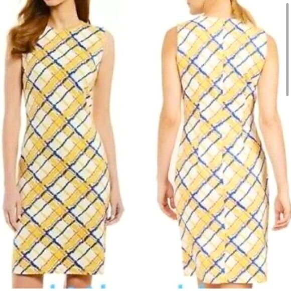 J. McLaughlin Yellow Navy Pink Geometric Plaid Midi Sheath Sleeveless Dress - Picture 2 of 16